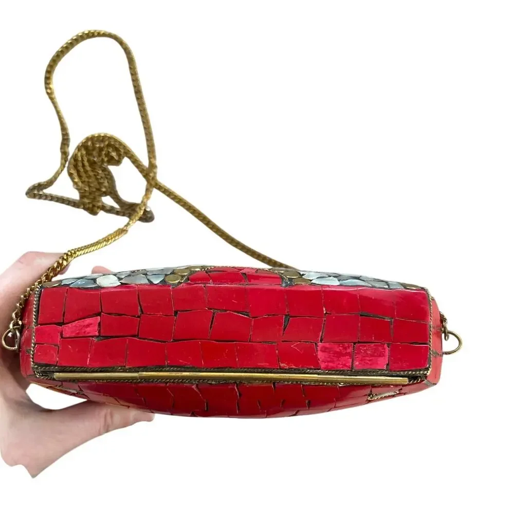 Red White & Brass Pearlescent Mosaic Mini Crossbody Purse Western Boho Indian